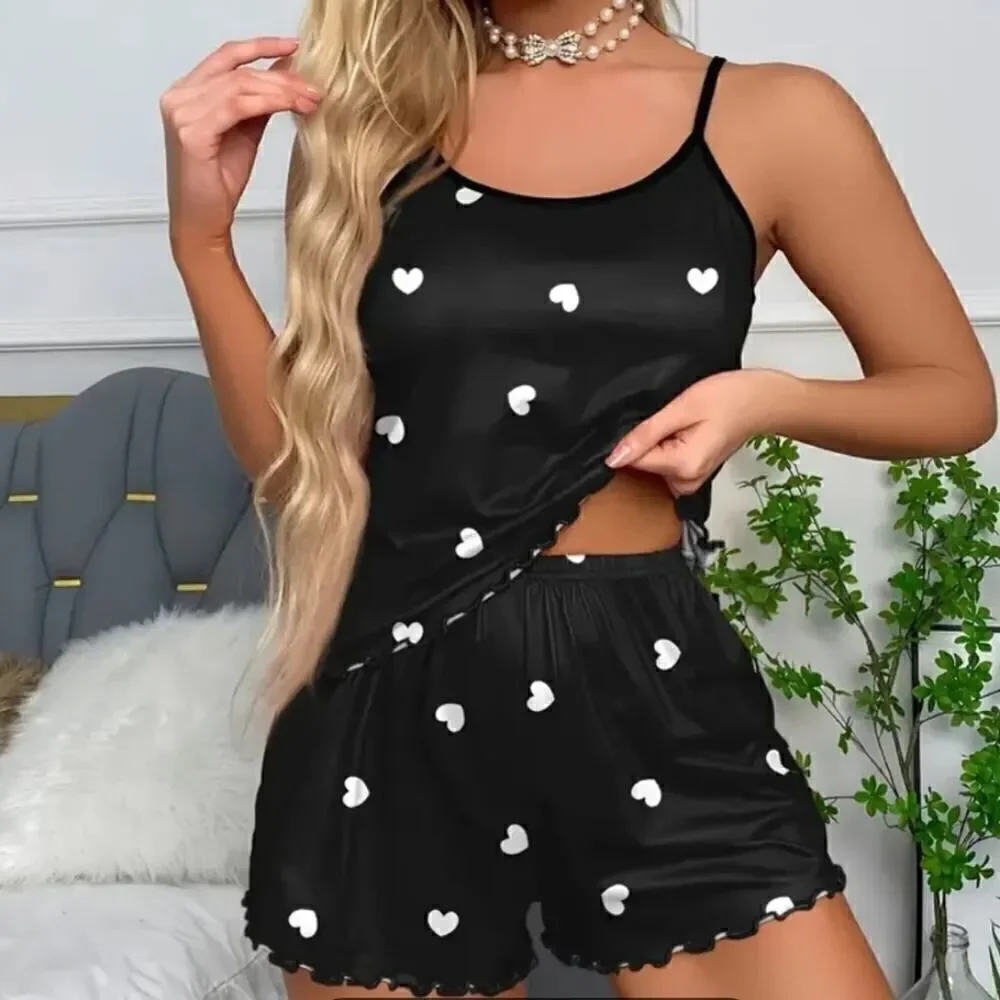 Black Heart Print Pajama Set – Stretchy Casual Sleepwear & Cozy Loungewear XL